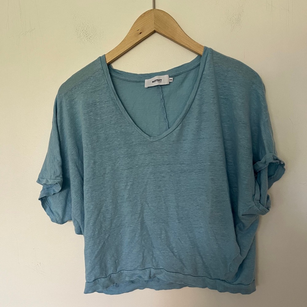 Notshy Cashmere Blue 100% Linen V-Neck Short Sleeve Relaxed Top S/M